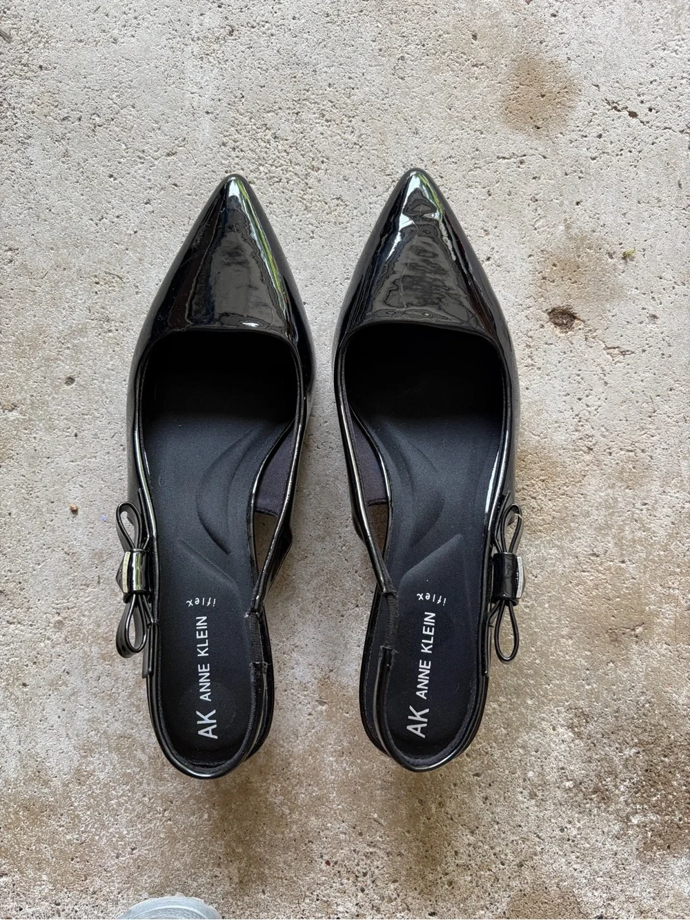 Anne Klein Black Patent Pointed Slingback Flats with Bow Accent